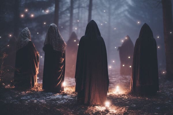 cloaked women standing in a circle in the cold woods