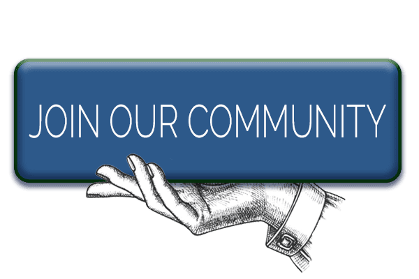 Hand holding blue sign, inviting people to join our community